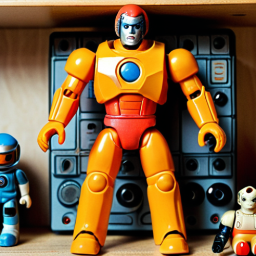 Home 13 **
A close-up shot of a vintage, slightly dusty Supertron "Alpha-9" action figure with a unique color scheme, displayed on a shelf amongst other retro toys. The background is a cluttered but cozy room, evoking a sense of nostalgia and a collector's passion. Emphasize the details of the toy's wear and tear, and the unusual color palette. Style: Photorealistic with a slightly warm tone.
**