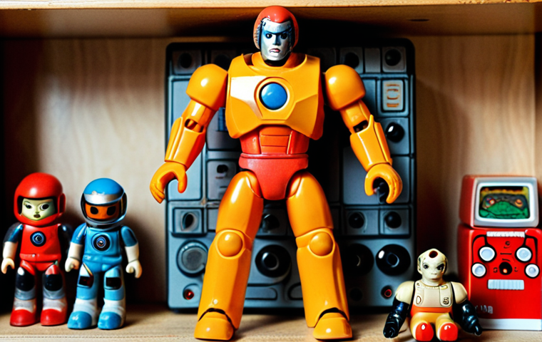 **

A close-up shot of a vintage, slightly dusty Supertron "Alpha-9" action figure with a unique color scheme, displayed on a shelf amongst other retro toys. The background is a cluttered but cozy room, evoking a sense of nostalgia and a collector's passion. Emphasize the details of the toy's wear and tear, and the unusual color palette. Style: Photorealistic with a slightly warm tone.

**