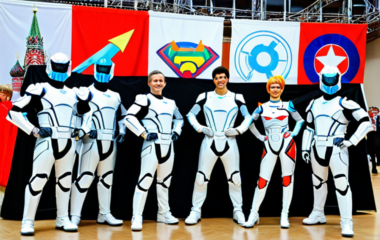 **

A group of cosplayers dressed as characters from Supertron, posing at a fan convention in Moscow. The cosplayers are wearing detailed and creative costumes, showcasing a variety of characters. In the background, you see convention banners and other fans in costume. The overall atmosphere is lively and cheerful. Consider it safe for work, appropriate content, fully clothed, and family-friendly. Aim for professional photography, perfect anatomy, and natural proportions.

**