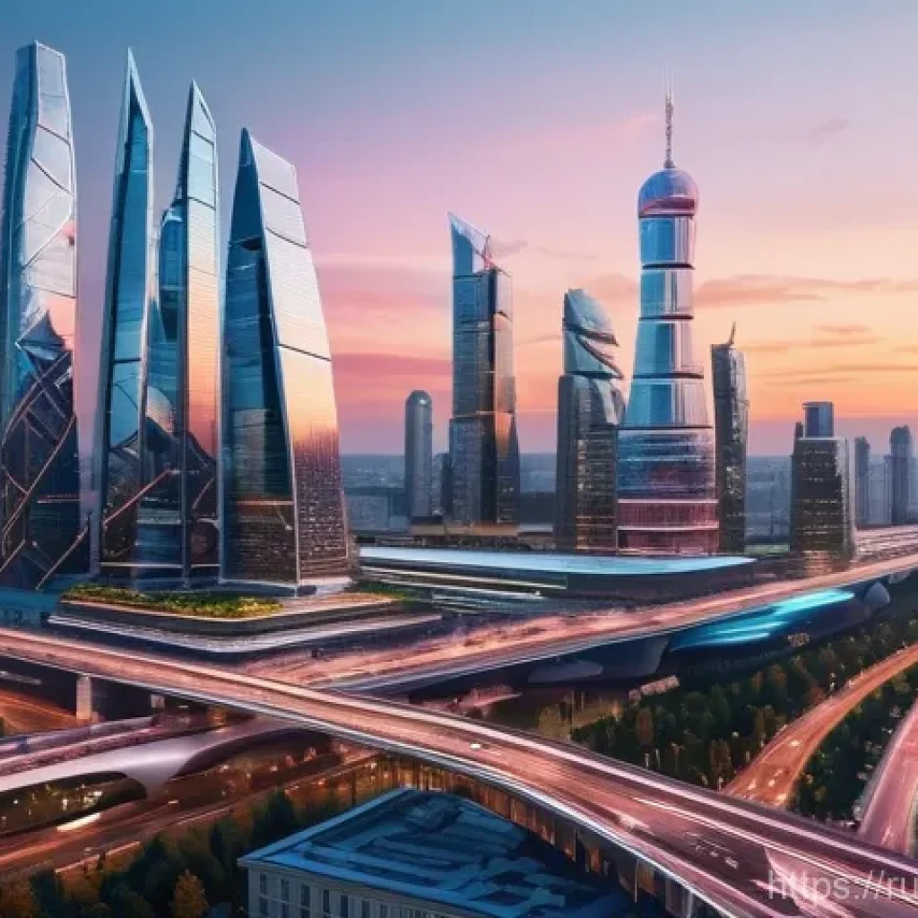 슈퍼트론과 현대 팝 컬처와의 연관성 - **Prompt:** A high-angle, panoramic view of a bustling, futuristic Moscow cityscape at dusk, bathed ...