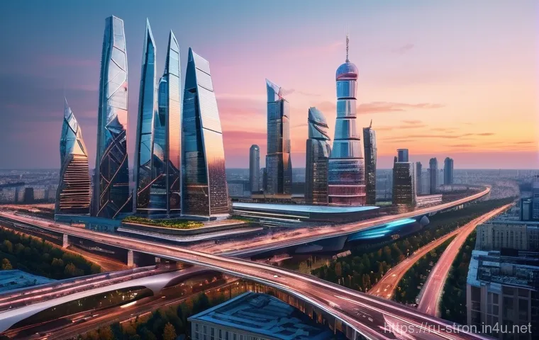 슈퍼트론과 현대 팝 컬처와의 연관성 - **Prompt:** A high-angle, panoramic view of a bustling, futuristic Moscow cityscape at dusk, bathed ...