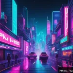 Home 20 슈퍼트론과 80 90년대 애니메이션의 유사점 - A vibrant cyberpunk cityscape inspired by 80s and 90s retro-futurism, featuring glowing neon signs i...