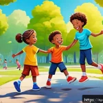 Home 18 슈퍼트론의 어린이용 교훈적 요소 - A colorful and dynamic scene featuring cheerful cartoon children playing together outdoors in a vibr...
