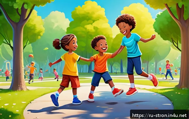 슈퍼트론의 어린이용 교훈적 요소 - A colorful and dynamic scene featuring cheerful cartoon children playing together outdoors in a vibr...