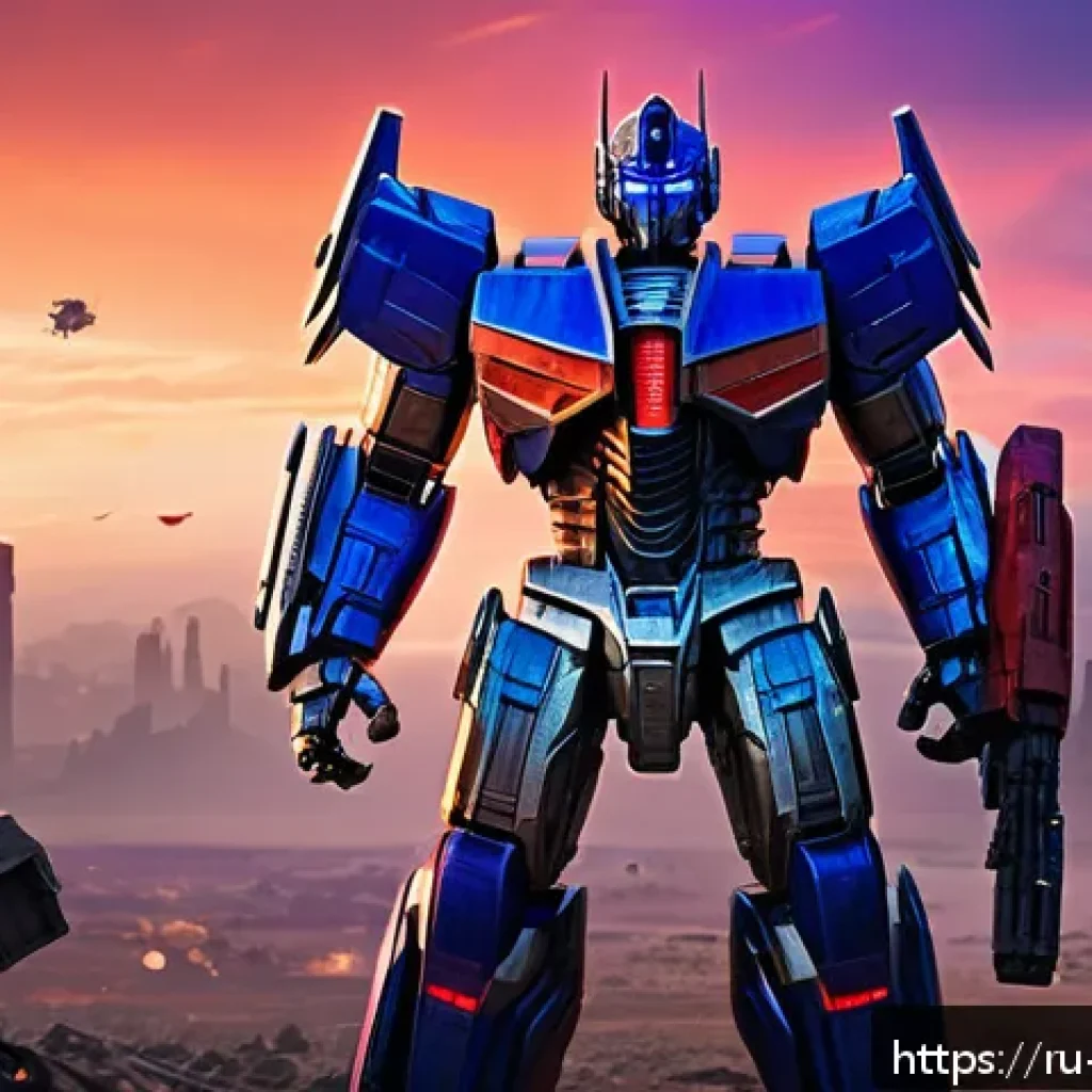 슈퍼트론 주요 등장인물과 역사적 배경 - A highly detailed scene of Optimus Prime standing heroically on a futuristic battlefield at dusk, il...