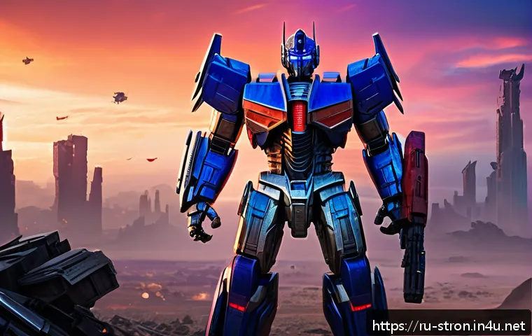 슈퍼트론 주요 등장인물과 역사적 배경 - A highly detailed scene of Optimus Prime standing heroically on a futuristic battlefield at dusk, il...