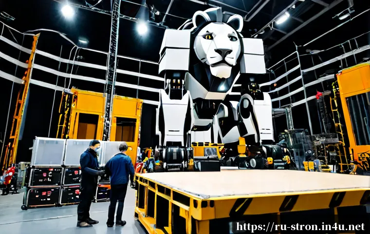 Home 17 슈퍼트론의 제작비와 상업적 성공의 상관관계 - Photorealistic cinematic film studio scene in Moscow, a towering original lion-inspired modular robo...